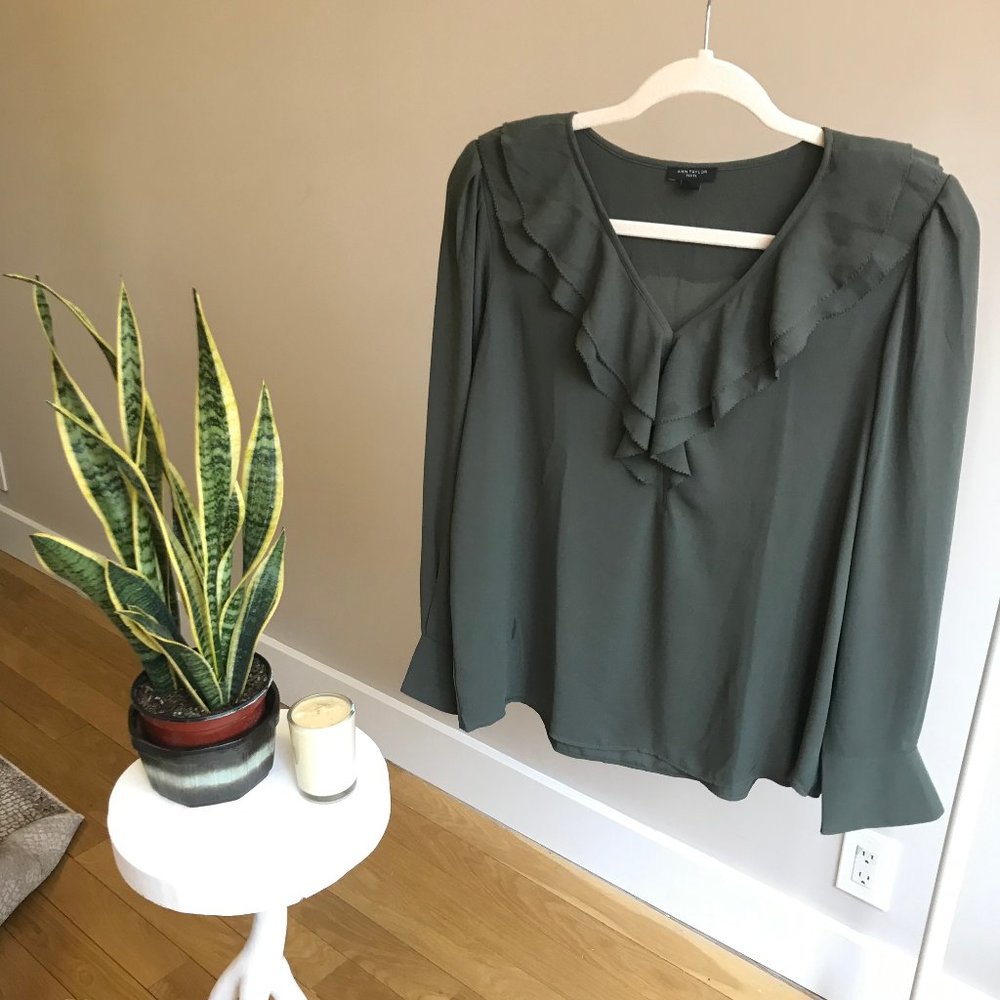 Ann Taylor Dark Olive Ruffle V Collar Blouse